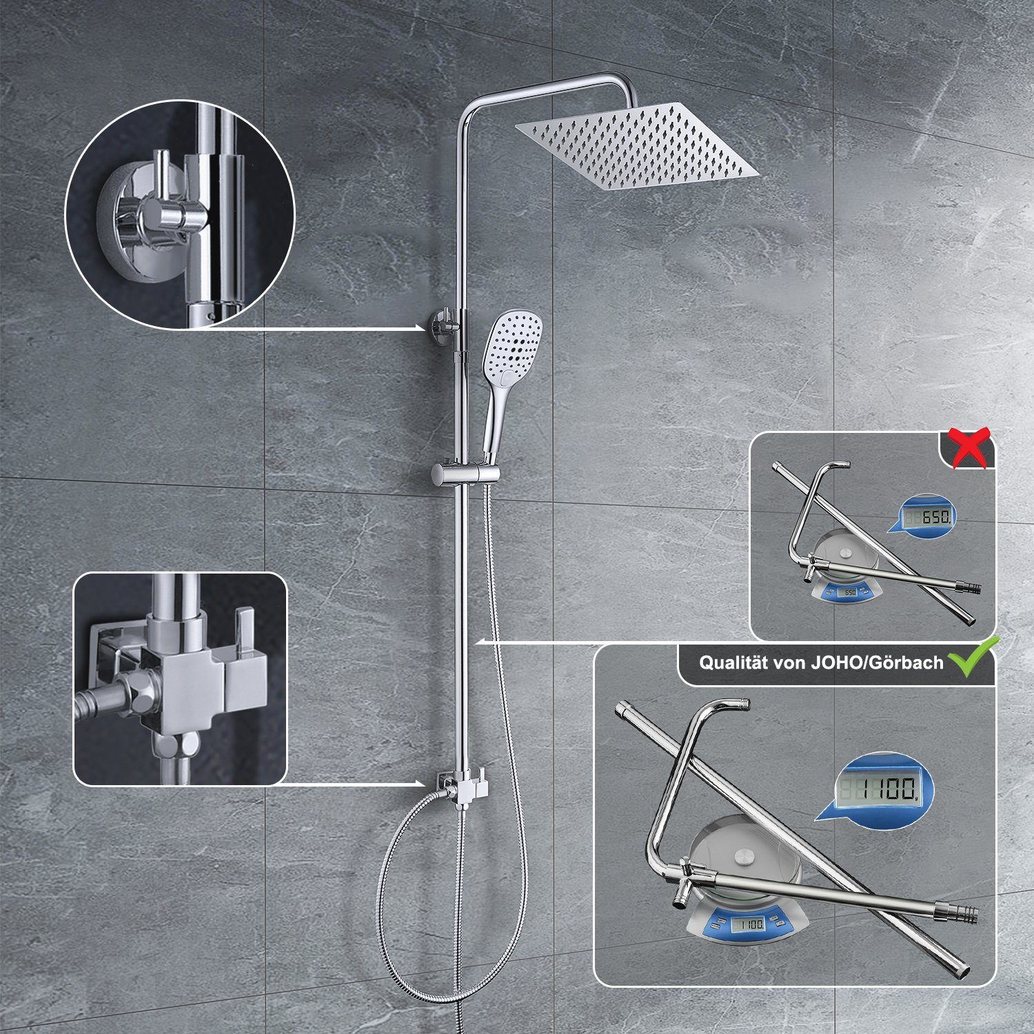 JOHO Duschsystem Chrom-Duschsystem, Duschvorrichtung, Dusch, Höhe 114 cm, 3 Strahlart(en), Überkopfbrauseset, Kopfbrause 20*20cm eckig