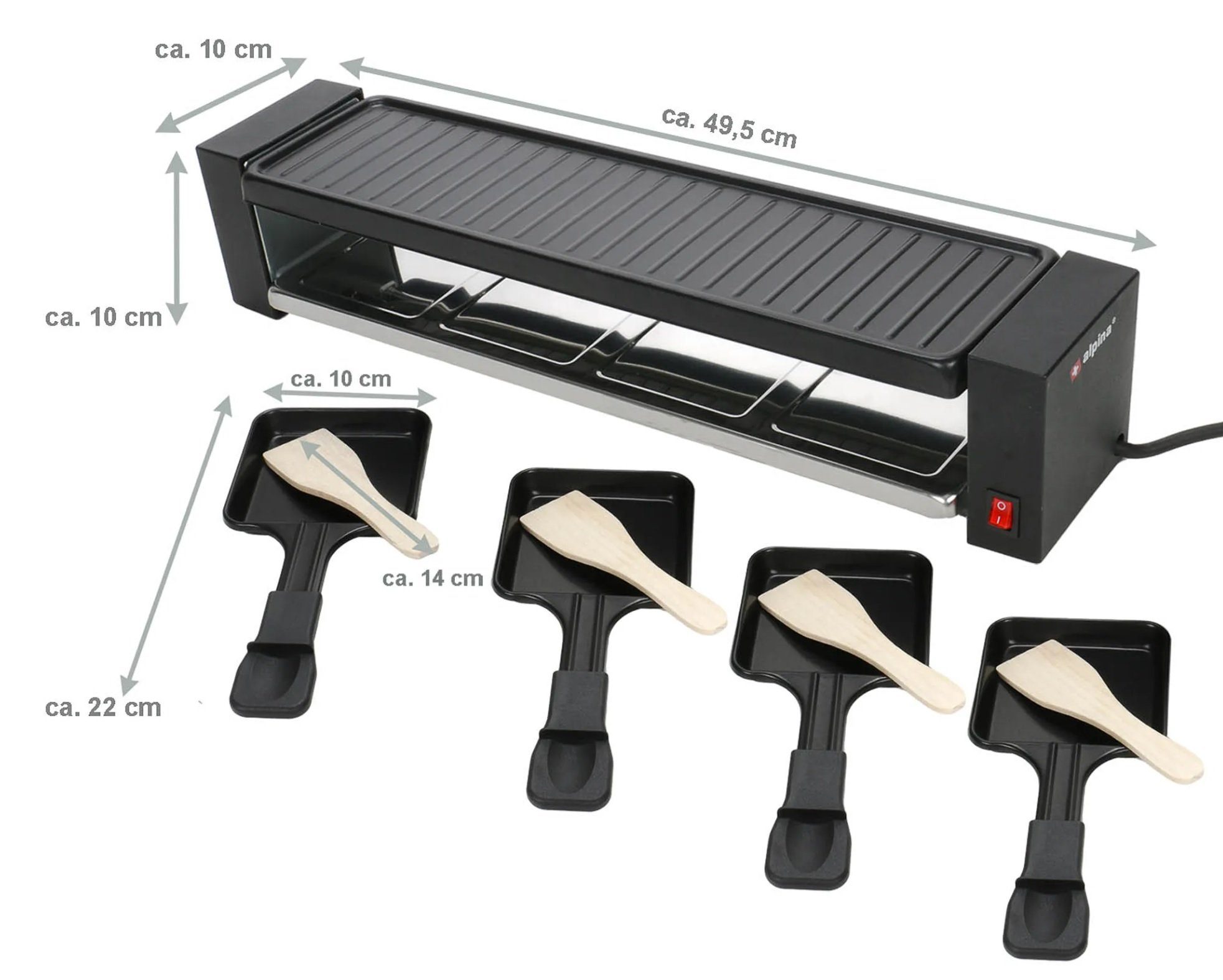 JUNG Raclette Raclette 4 personen Tischgrill Elektro Grill Partygrill Elektrogrill, 4 Raclettepfännchen, 800 W, Silvester, Weihnachten, Raklett, 4 Personen, 2 Personen, 6 Personen