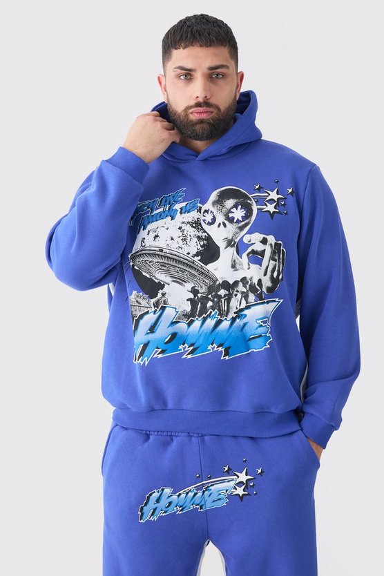 Plus Trainingsanzug mit Homme Alien Print und Kapuze