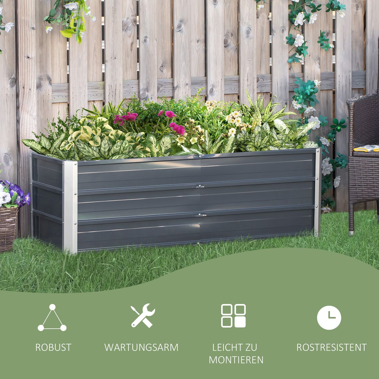Outsunny Hochbeet aus Stahl Gartenbeet Pflanzkasten Blumenkasten Blumenkübel mit Handschuhe Dunkelgrau 125 x 47 x 40 cm