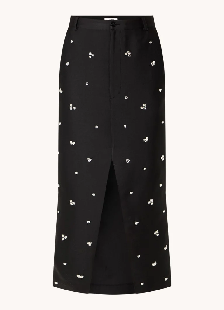 Gonna midi Sandro in misto seta, impreziosita da strass e con spacco.
