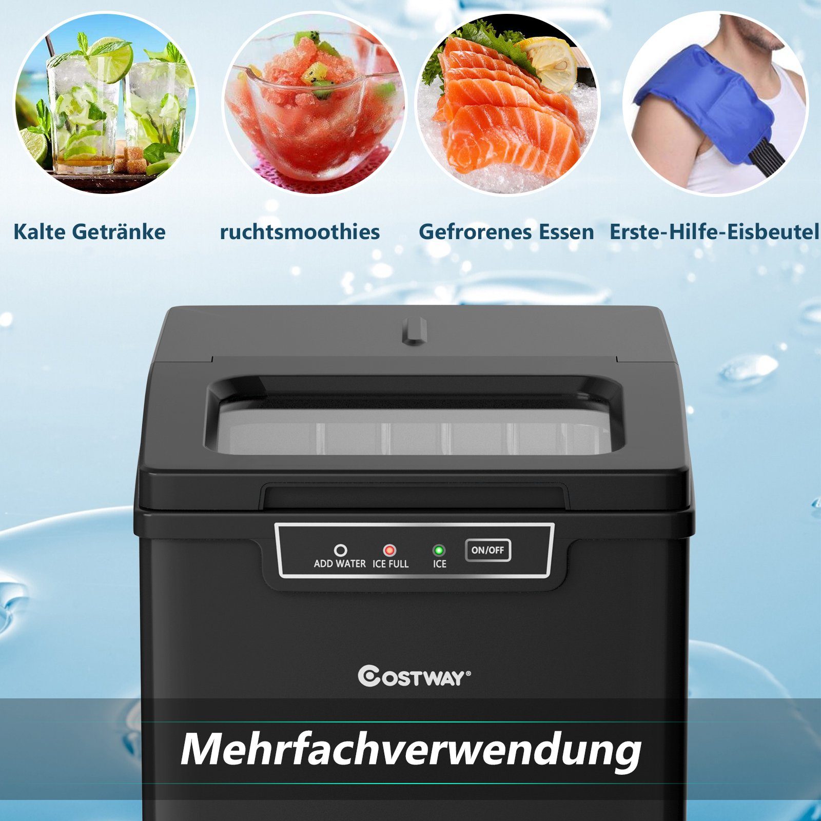 COSTWAY Eiswürfelmaschine, 9 Eiswürfel in 8 min, 12kg in 24H, 1,85L Tank