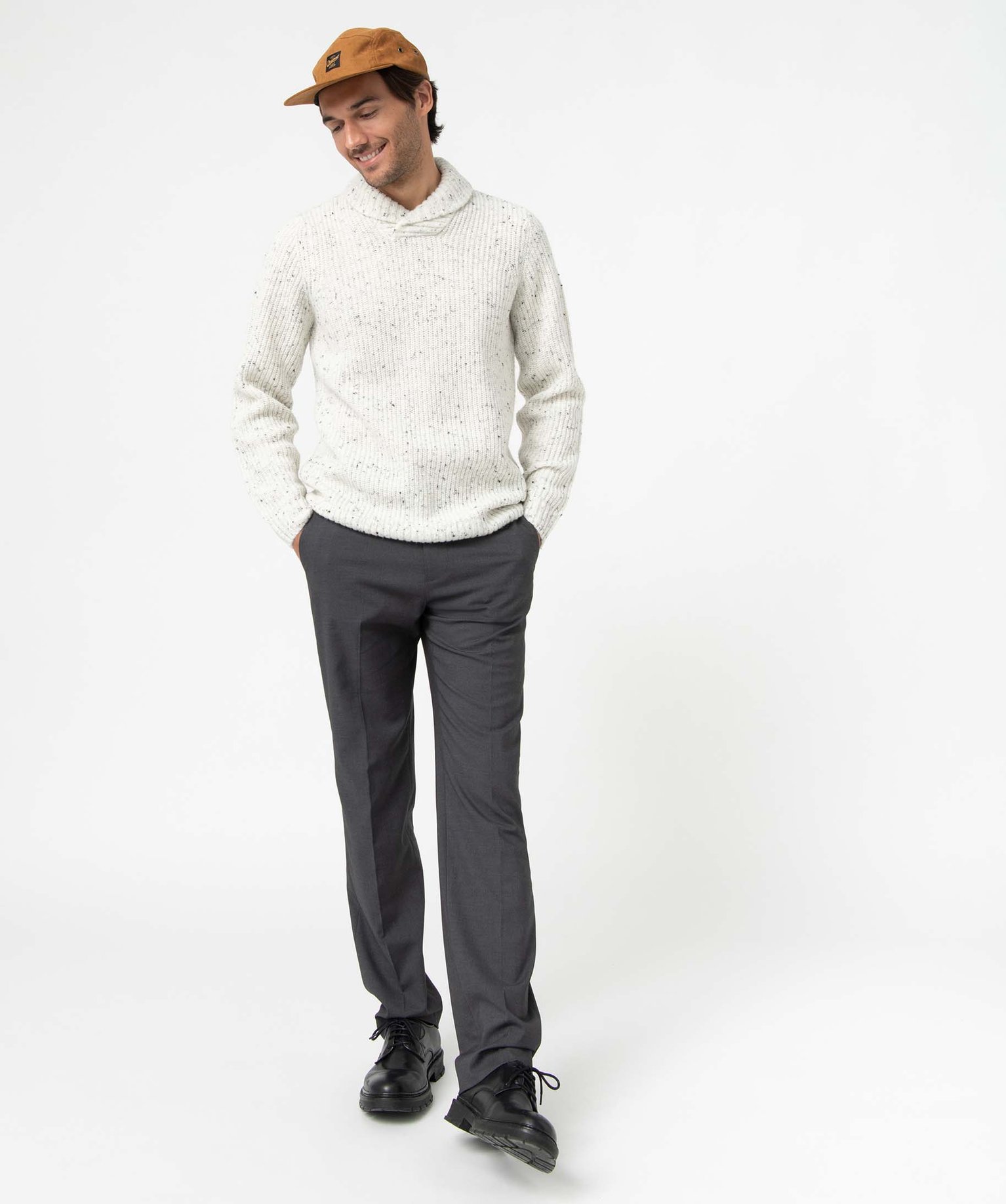 Pull homme à col chale contenant de la laine ecru | GEMO