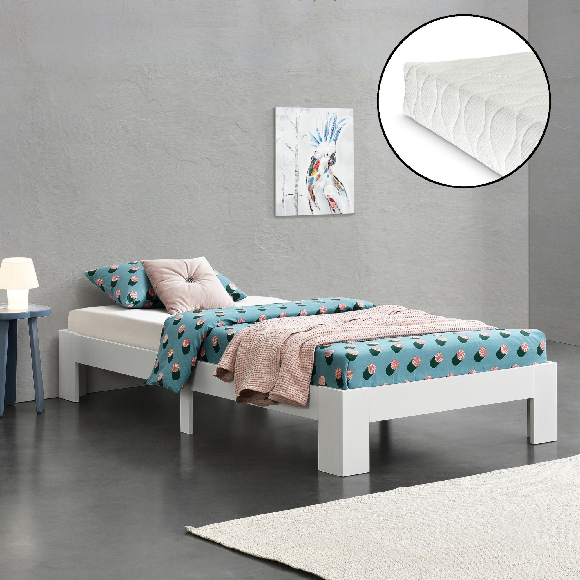 en.casa Holzbett, Raisio Einzelbett mit Matratze 90x200 cm Weiß