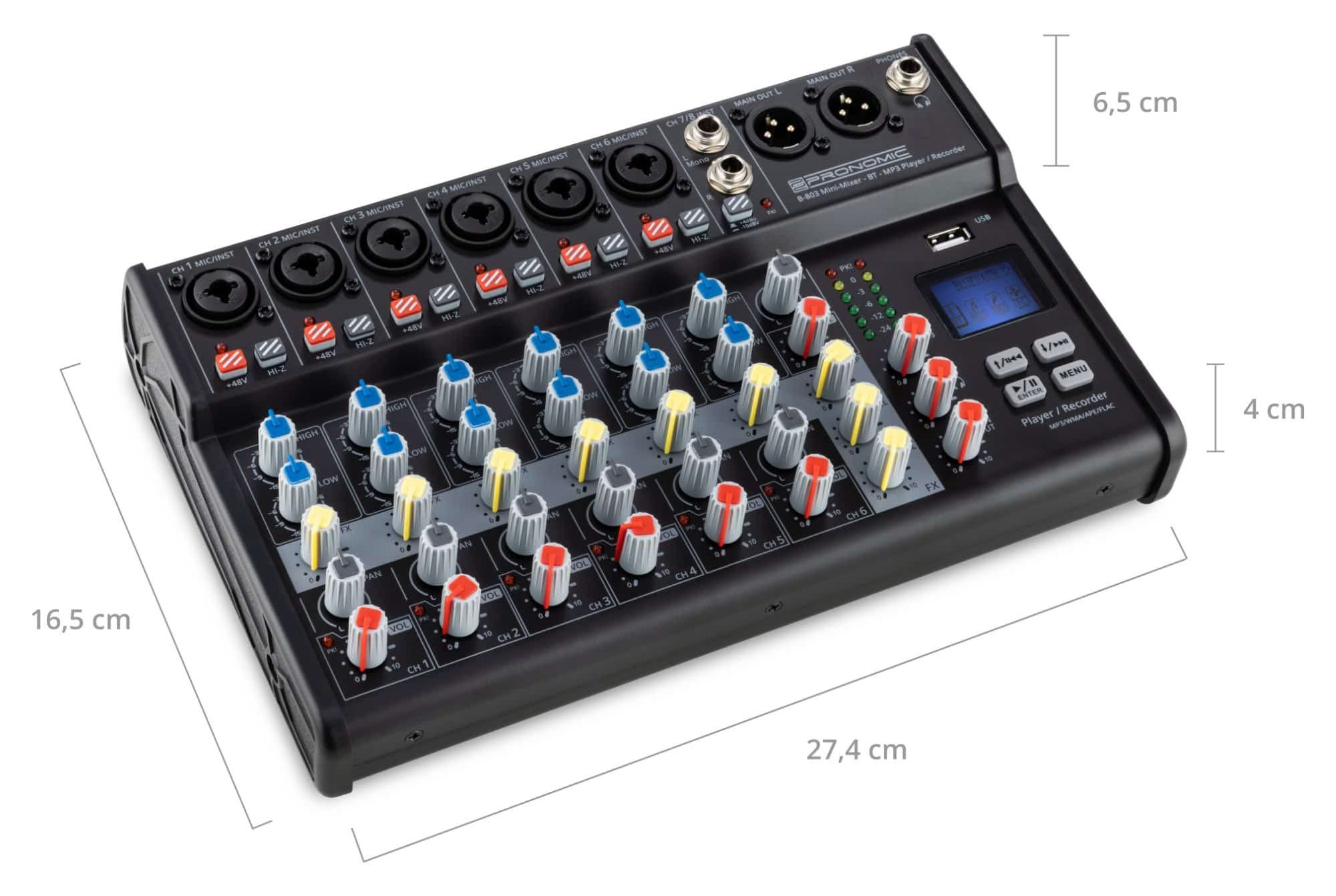 Pronomic Mischpult B-803 8-Kanal Mini-Mixer - Live/Studio DJ Mixer, mit Bluetooth und USB-Recording