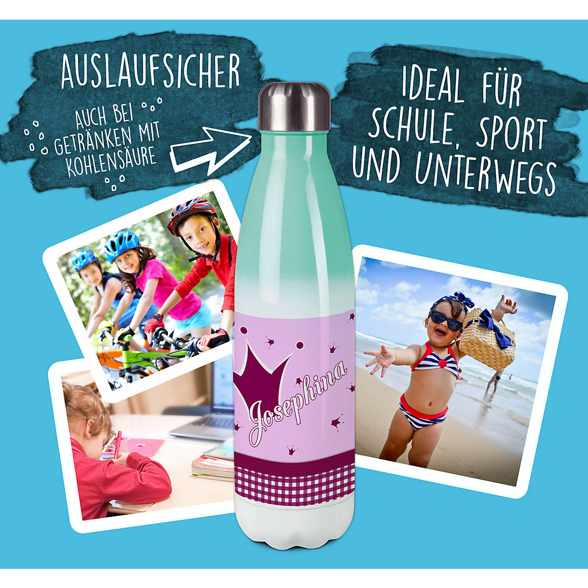 Edelstahl Kinder Thermoflasche / Trinkflasche bunt Krone Farbe brombeere Spülmaschinenfest, Auslaufsicher, Bruchfest, Doppelwandig, Für Heißgetränke geeignet, Mit Deckel, Isoliert