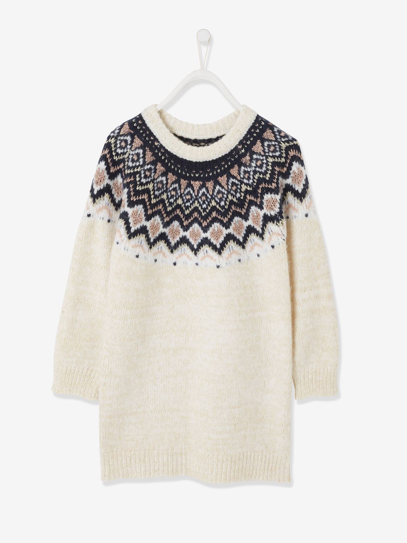 Robe jacquard fille en tricot irisé ecru