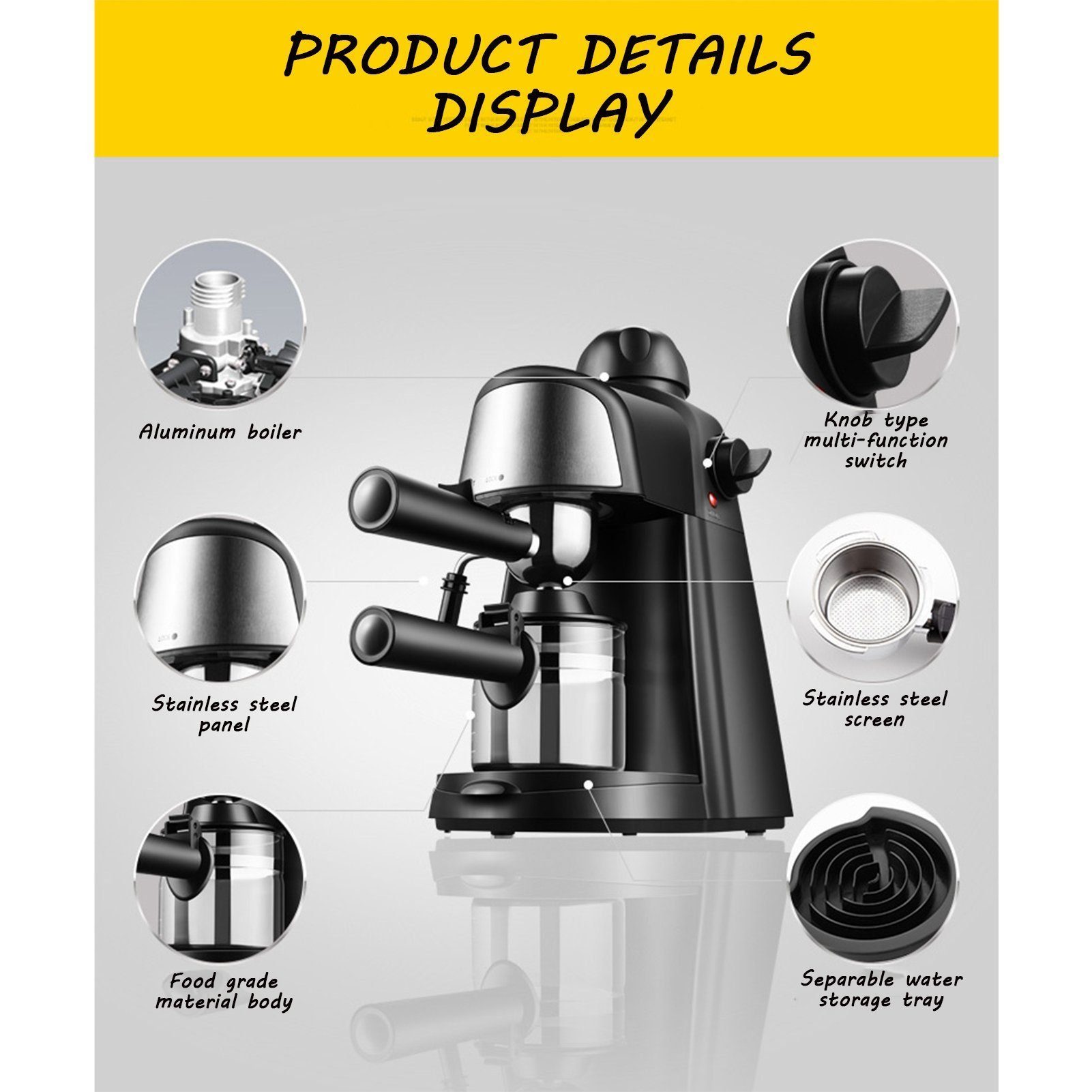 Mutoy Espressomaschine CM6810, kleine Kaffeemaschine mit Milchschäumer, für bis zu 4 Tassen Espresso, 800 W, 5 Bar