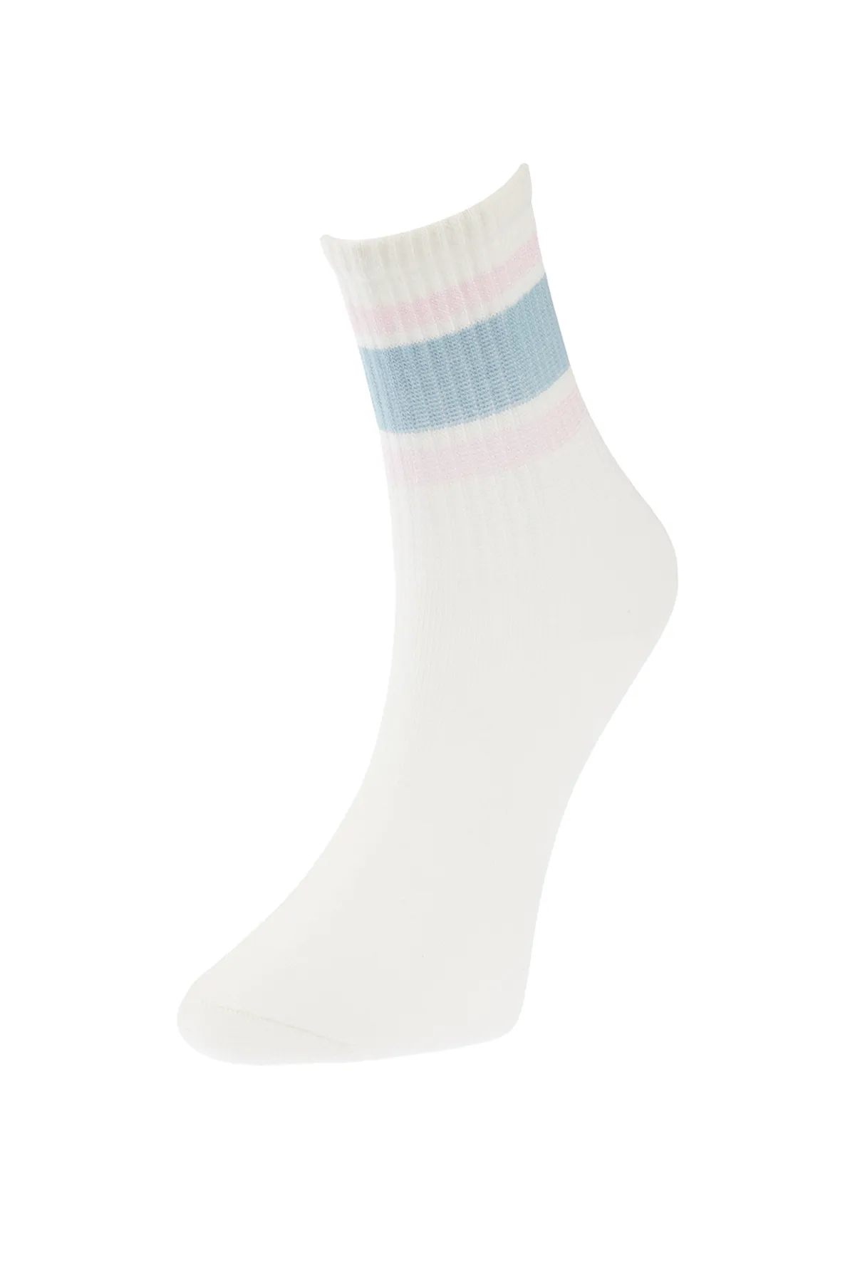 Trendyol Collection  Weiße gestreifte Stricksocken aus Baumwolle im 3er-Pack THMSS24CO00002
