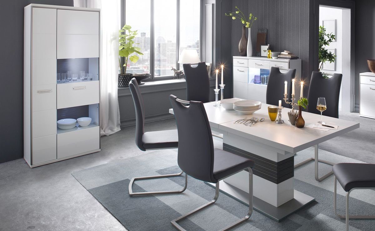 expendio Wohnzimmer-Set Travis 144, (Spar-Set, 7-St), weiß Hochglanz montiert LED + Softclose + 4x Stuhl Kunstleder schwarz