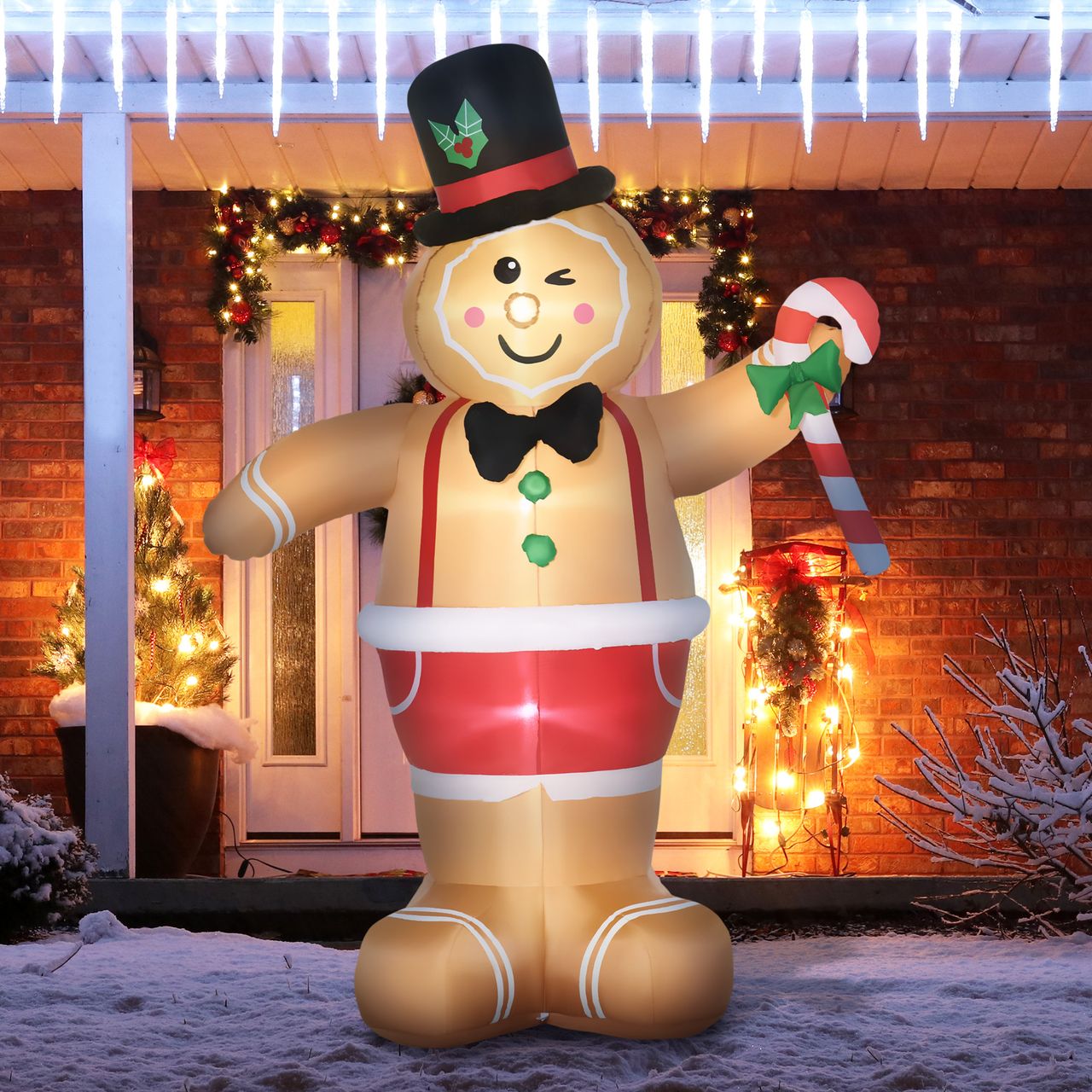 Outsunny Weihnachts Aufblasbarer Lebkuchenmann 2,38 m Weihnachtsdekoration mit LED-Lichtern und Zuckerstange Weihnachten Gärten Dekoration automatisches Aufblasen Wassderdicht Polyester Braun
