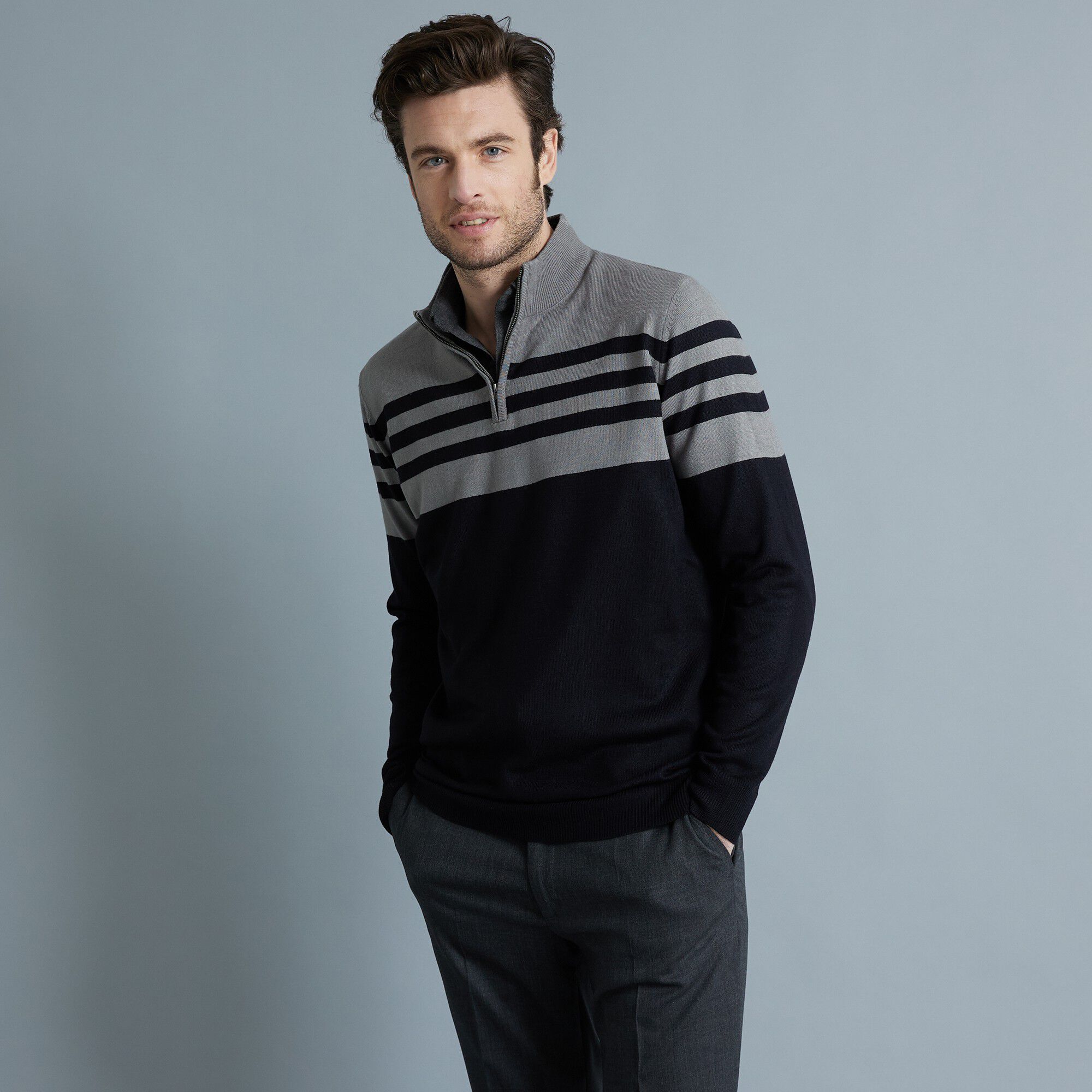 Pull rayé col montant zippé toucher cachemire