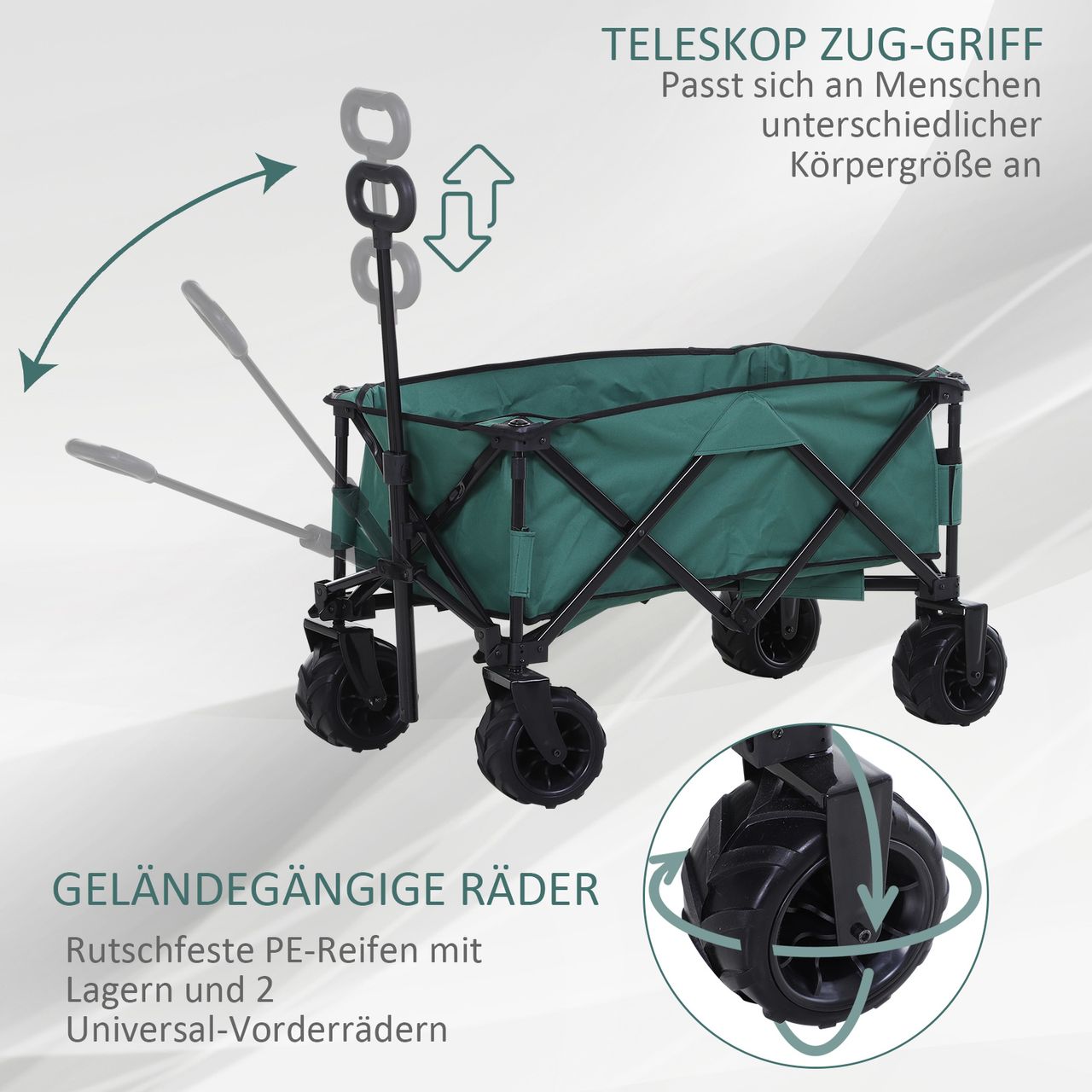 Outsunny Bollerwagen Faltbarer Handwagen 360° Gartenwagen Transportwagen mit Teleskop Griff Verstellbarer Griffhöhe Strandwagen bis 20 kg Tragkraft Metall Oxford Grün 108 x 53 x 59-89 cm