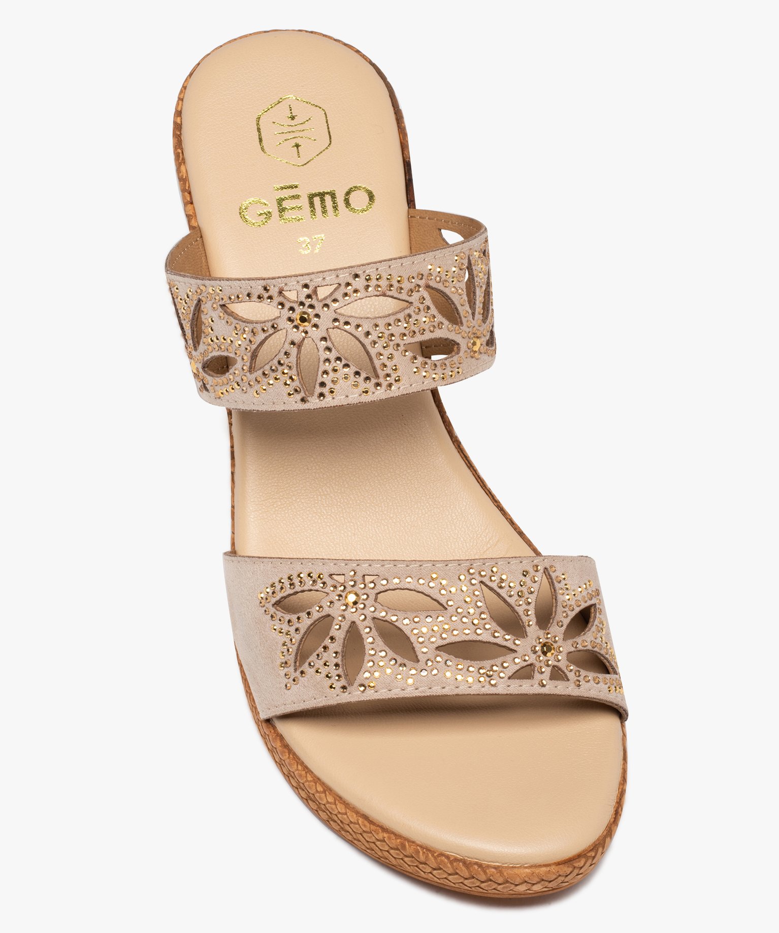 Mules femme compensées à brides strass ajourées beige | GEMO