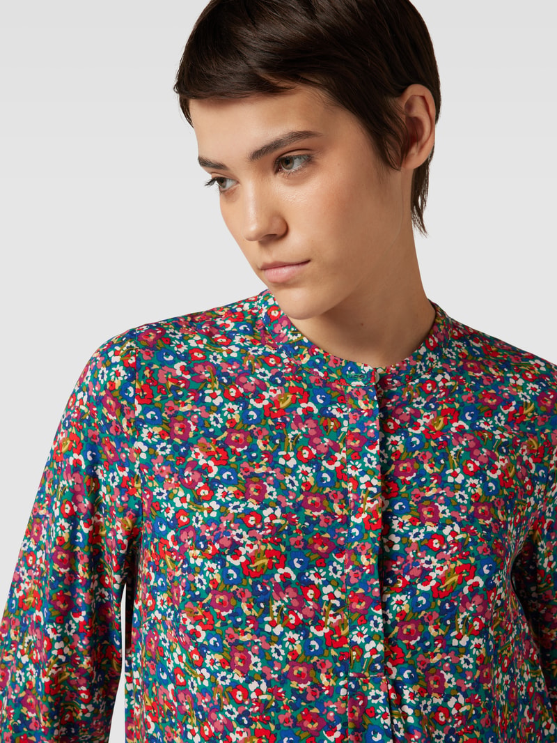 Bluse aus Viskose mit floralem Muster und verdeckter Knopfleiste in dunkelblau