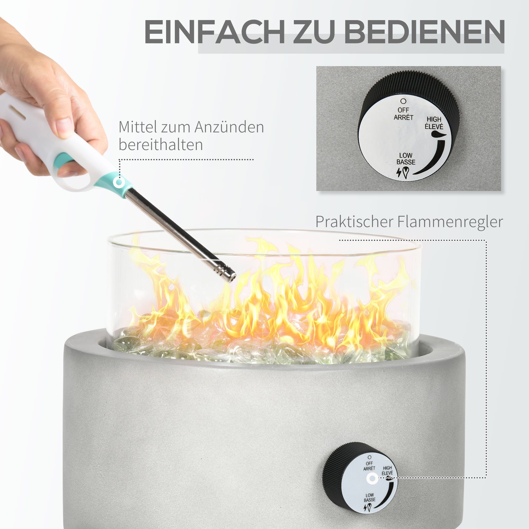 Outsunny Feuerstelle Tischfeuerschale, mit Glassteinen, Tragbare Feuerstelle, (Passend zum Regenschirmloch, 1-St., Heizstrahler im Betonoptik mit Glasperlen), ØxH: 25.4 x 18.5 cm