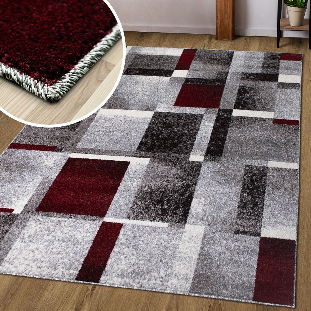 Teppich PHOENIX, oKu-Tex, Kurzflorteppich, Wohnzimmer, rechteckig, geometrisches Muster, Rechtecke, Grau Rot meliert, besonders weicher Kurzflor, Gesamthöhe: 1 cm, pflegeleicht