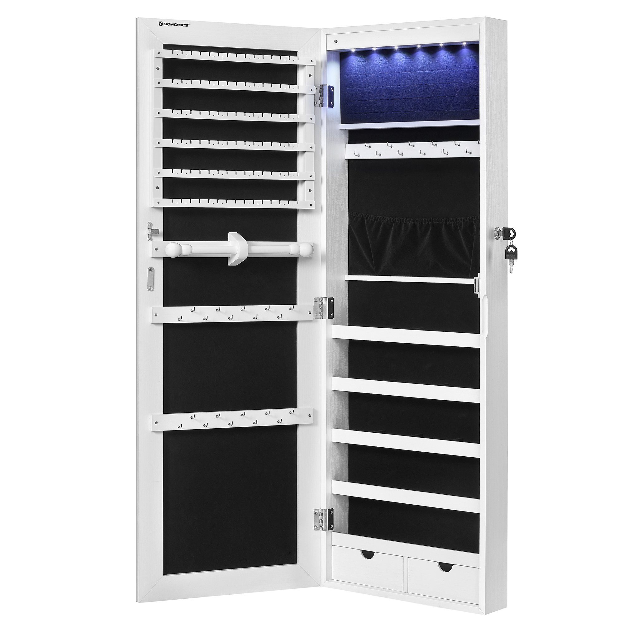 SONGMICS Schmuckschrank Spiegelschrank mit LED und Ganzkörperspiegel, weiß