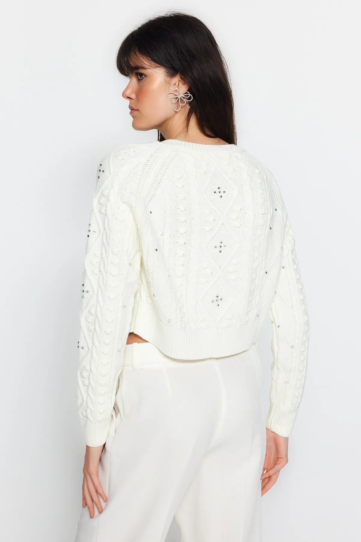 Trendyol Collection  Ecru doppelseitig verwendbarer Strickpullover-Cardigan TWOAW24KZ00144