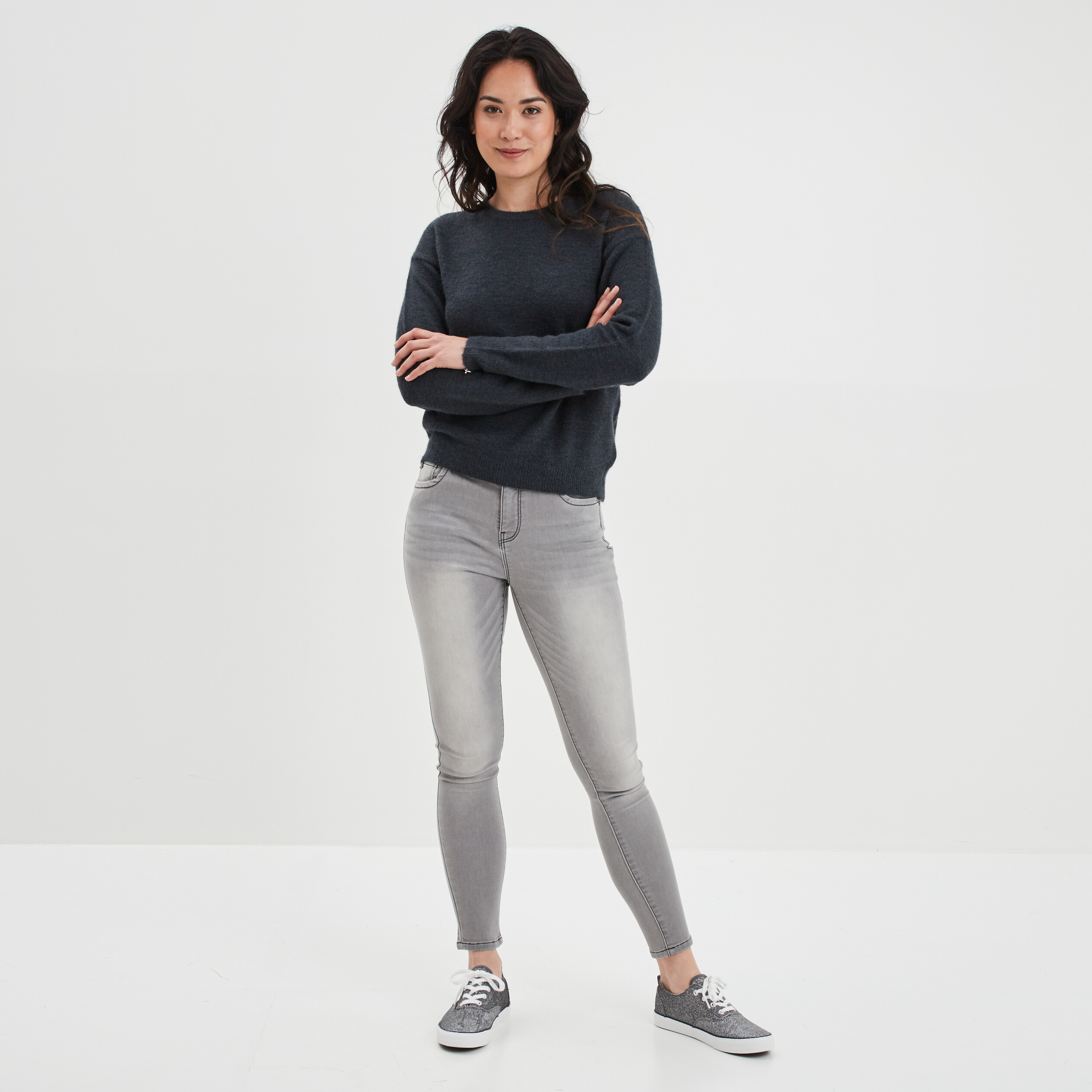Pull col rond manches longues bleu foncé femme | La Halle