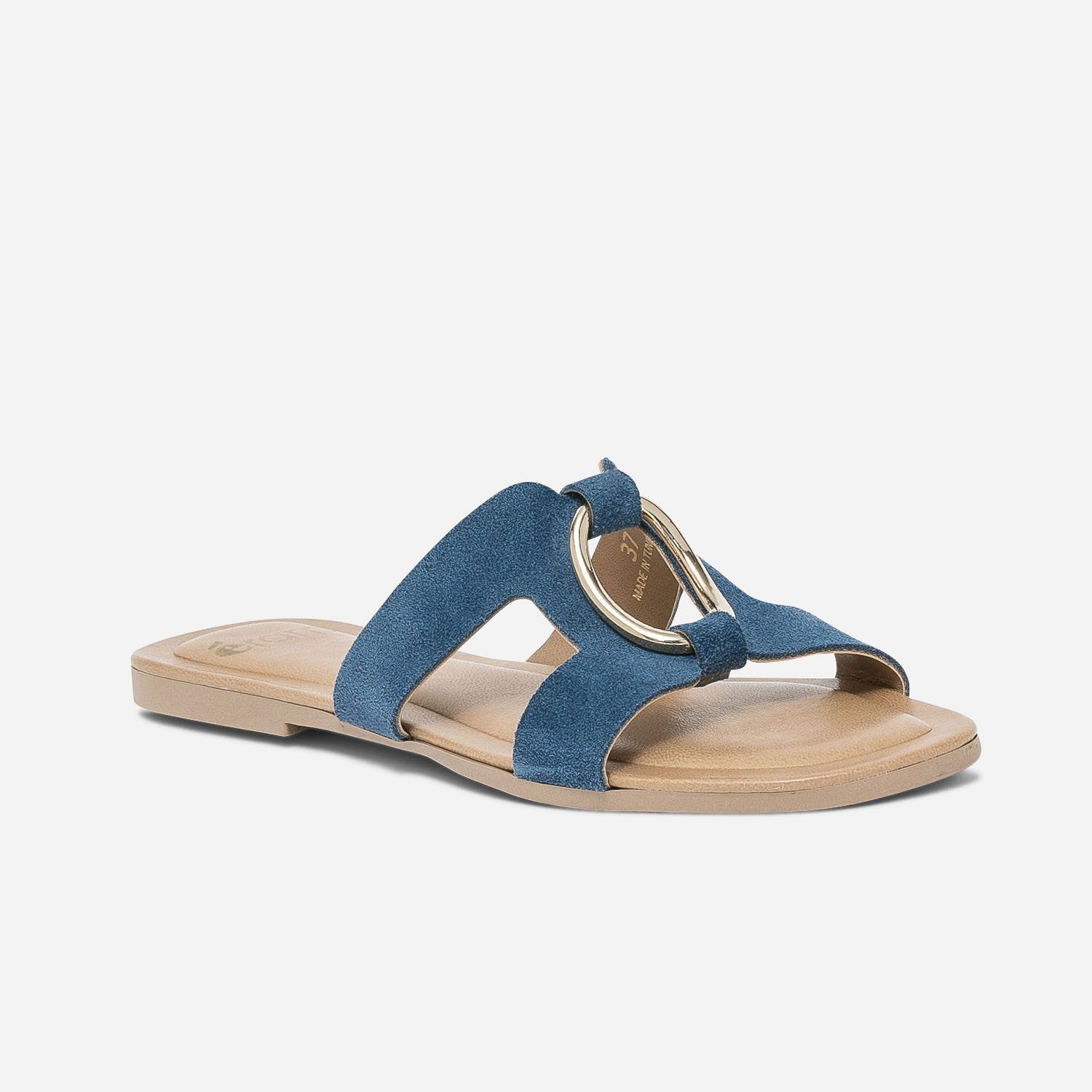 Mule bleue en cuir velours avec anneau
