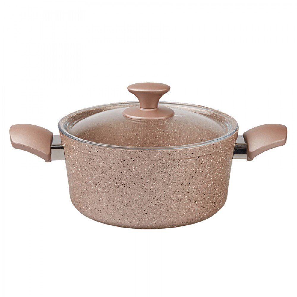 KRC Topf-Set Karaca Biogranit Antik Rose 7-Teiliges Kochgeschirr-Set Kochgeschirr-Set, Antihaftbeschichtung, Topf Pfannenset mit Glasdeckeln, Spulmaschinengeeignet, Granit