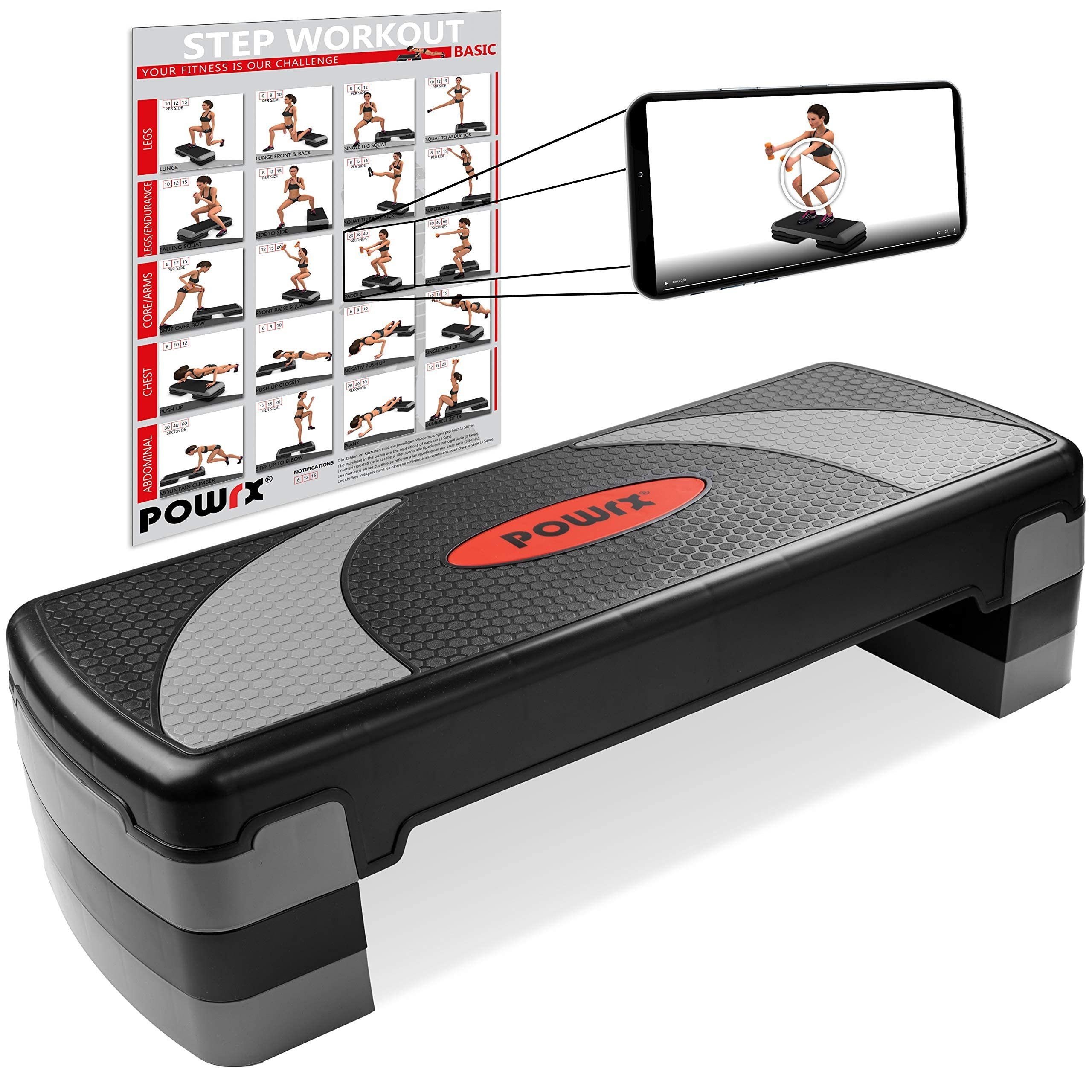 POWRX Stepboard XL Steppbrett extra groß 3-Stufen höhenverstellbar, Grau-Schwarz