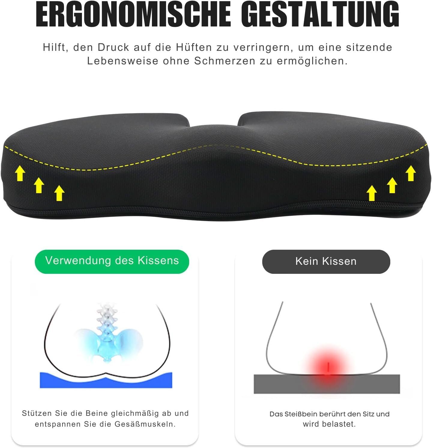 Allyson Stuhlkissen Ergonomisches Sitzkissen für Bürostuhl Memory-Foam Orthopädisch, Memory-Foam, Waschfest, Leicht