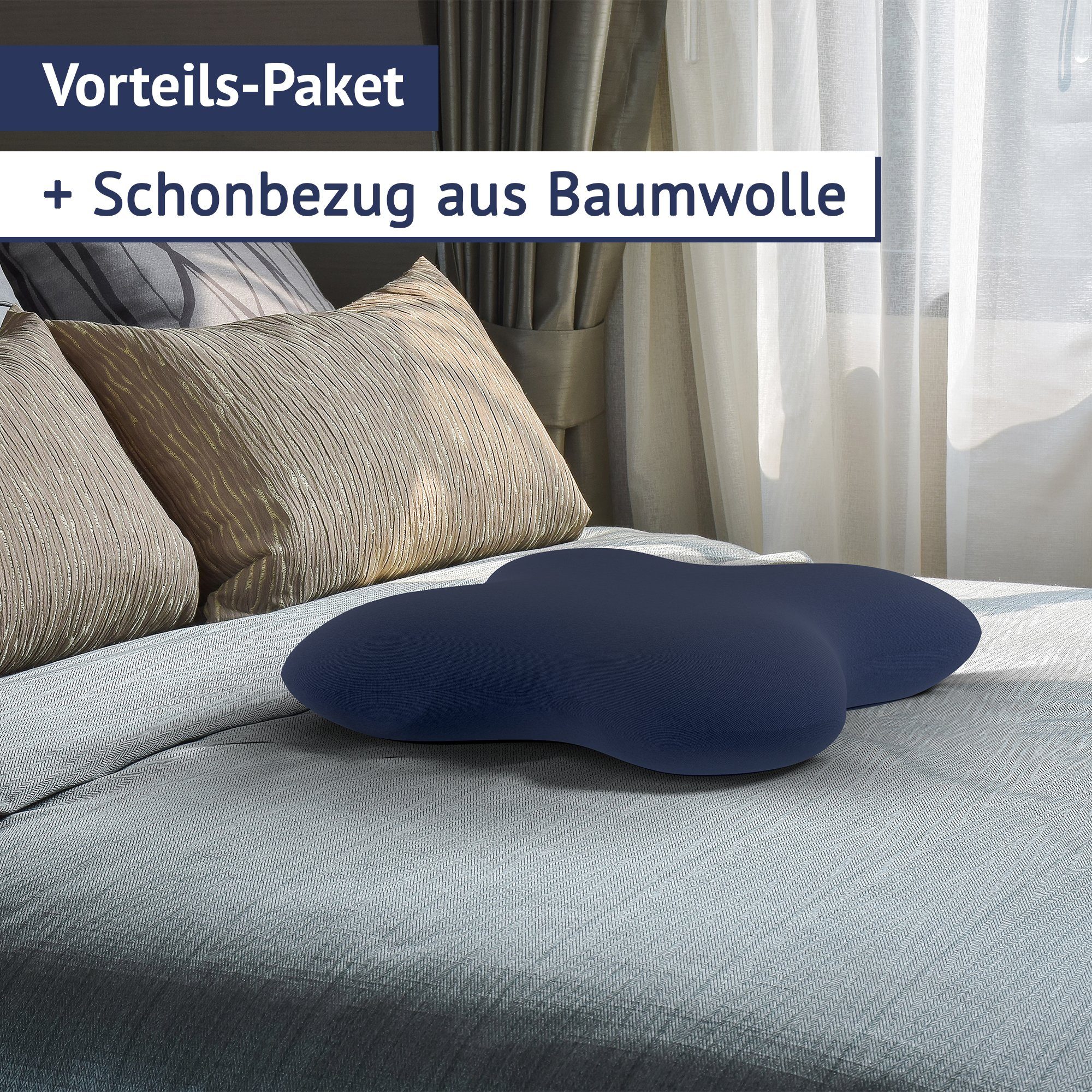 Nackenstützkissen Schmetterling, casimum, Füllung: Memory Foam, Bezug: Blau, Seitenschläferkissen aus Memory Schaum, mit blauem Bezug, 56x48 cm