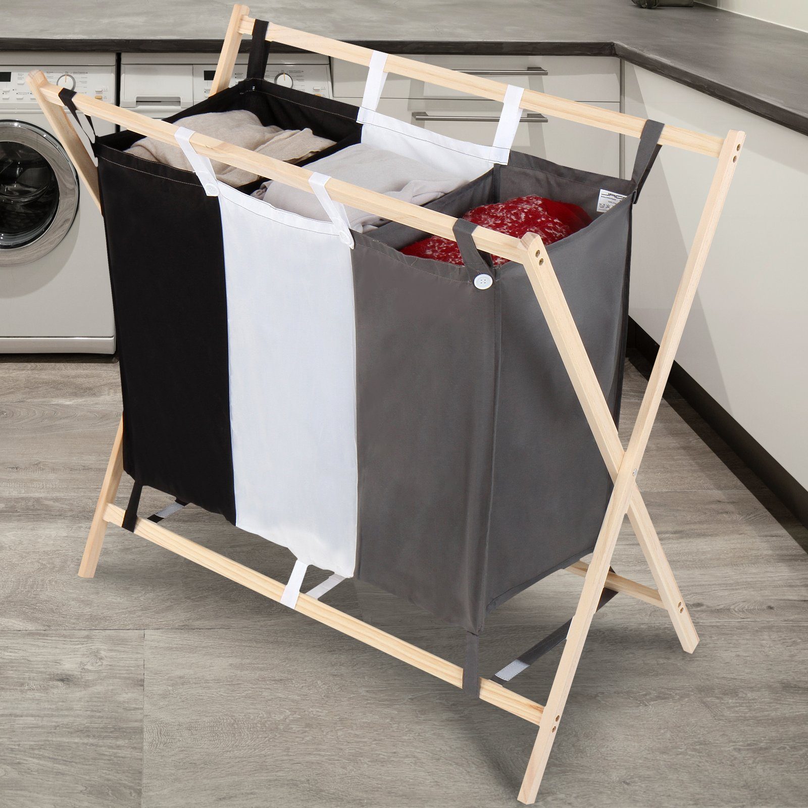 Jago Wäschesortierer - 3 Fächer Holz Wäschekorb Wäschebox Wäschesammler
