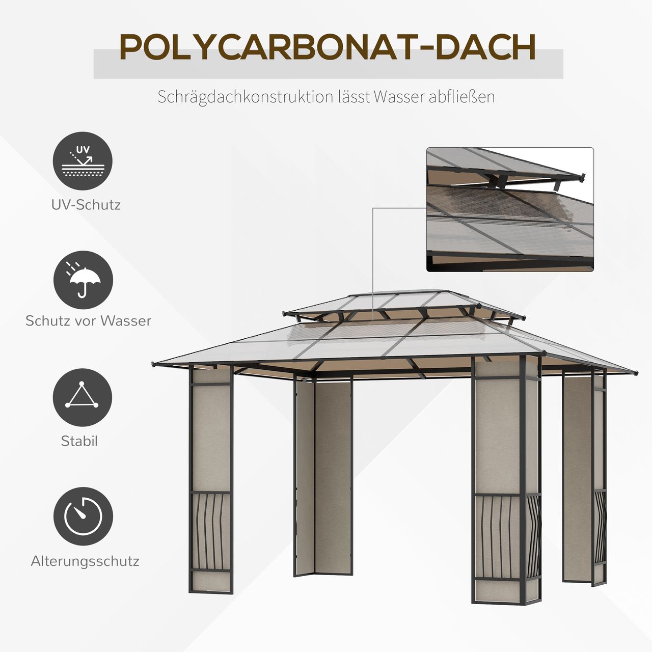 Outsunny Gartenpavillon Pavillon mit Sonnendach aus Polycarbonatplatten UV-Schutz wasserabweisend Robust Braun Hellgrau 3,65 x 3 x 2,75 m