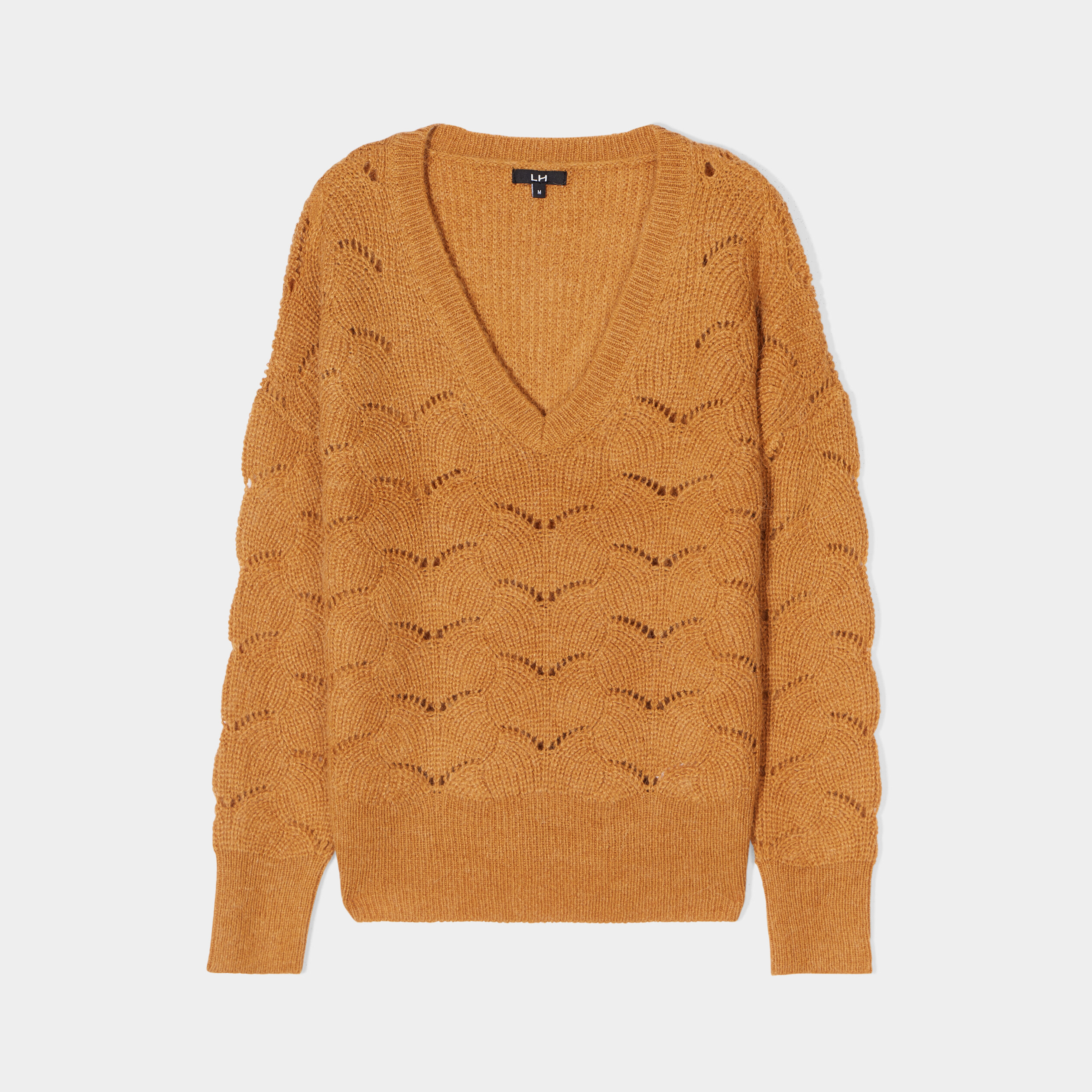 Pull ajouré devant col en V jaune moutarde femme | La Halle