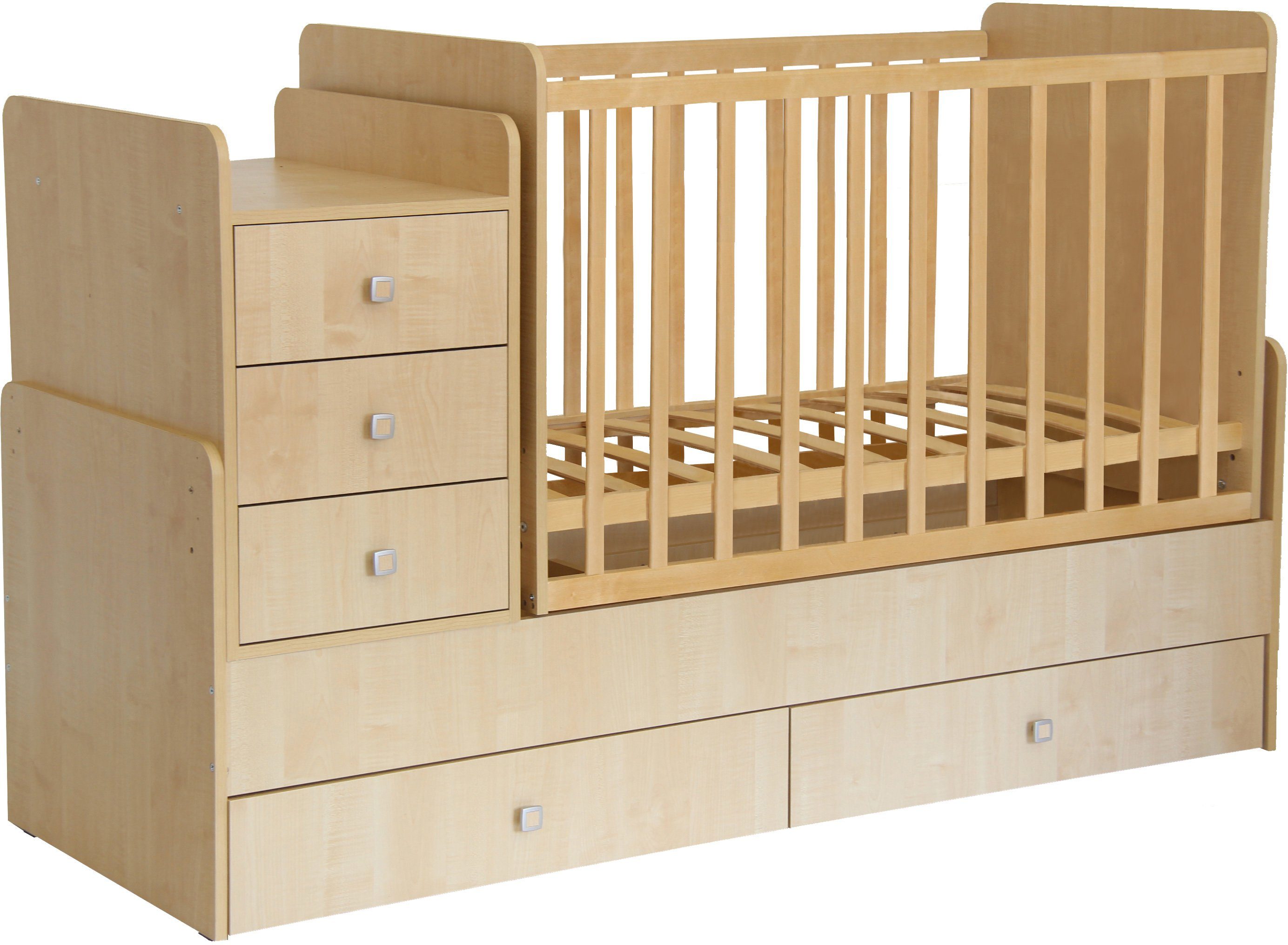 Polini kids Babybett Simple 1100, natur, mit zwei Bettschubkästen und Wickelstation; umbaubar