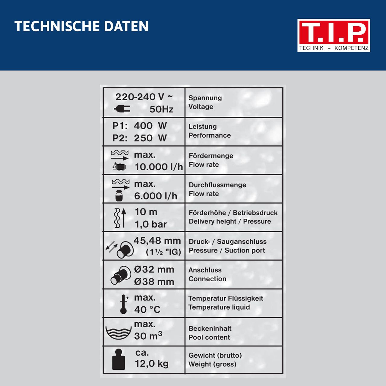 T.I.P. T.I.P. SPF 250 F Poolfilteranlage, Durchfluss max.: 6.000 l/h, Leistung: 400 W
