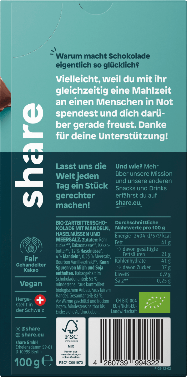 Schokolade, Nuss & Meersalz 55 % Kakao, 100 g