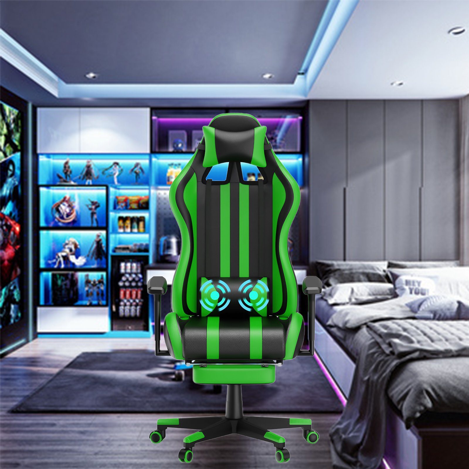 AUFUN Gaming-Stuhl Authmic Biirostuhl Ergonomischer Schreibtischstuhl, Max. 150 kg (Massage Gaming Sessel für Livestreaming Xbox (Grau/Blau/Grün/Rot/Schwarz), mit Vibration Massage Lendenkissen, Fußstütze, Kopfstütze, Ergonomisch