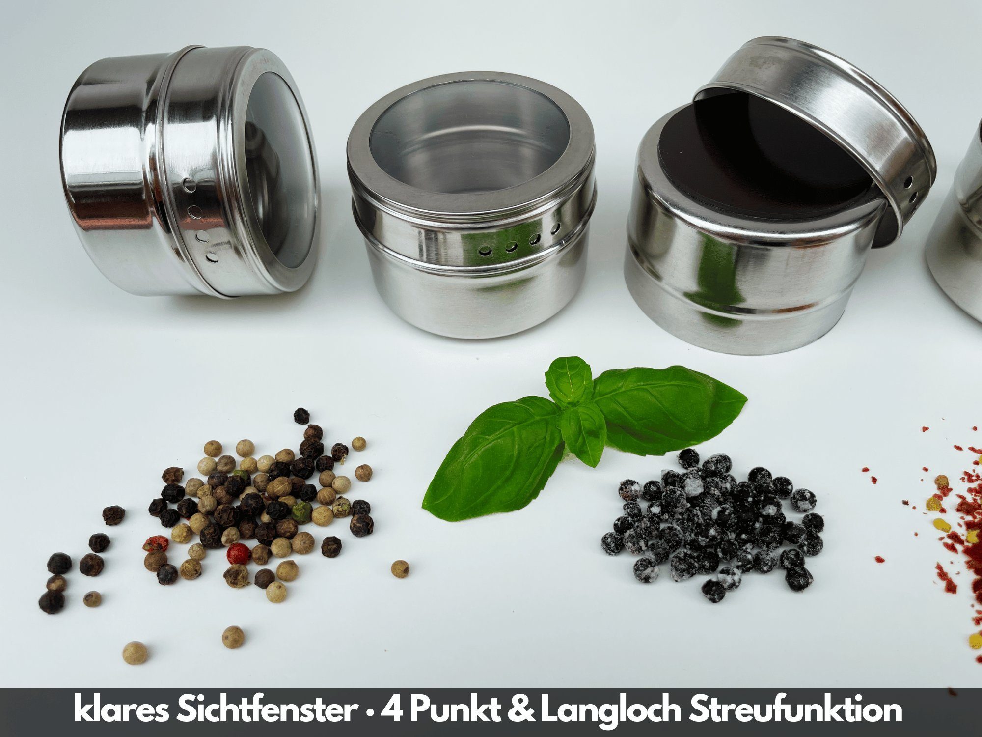 wood4hood Gewürzbehälter MAGNET, Edelstahl, (Spar-Set, 12-tlg., Ideal zur Gewürzaufbewahrung), magnetische Gewürzdosen mit Streuer und Sichtfenster