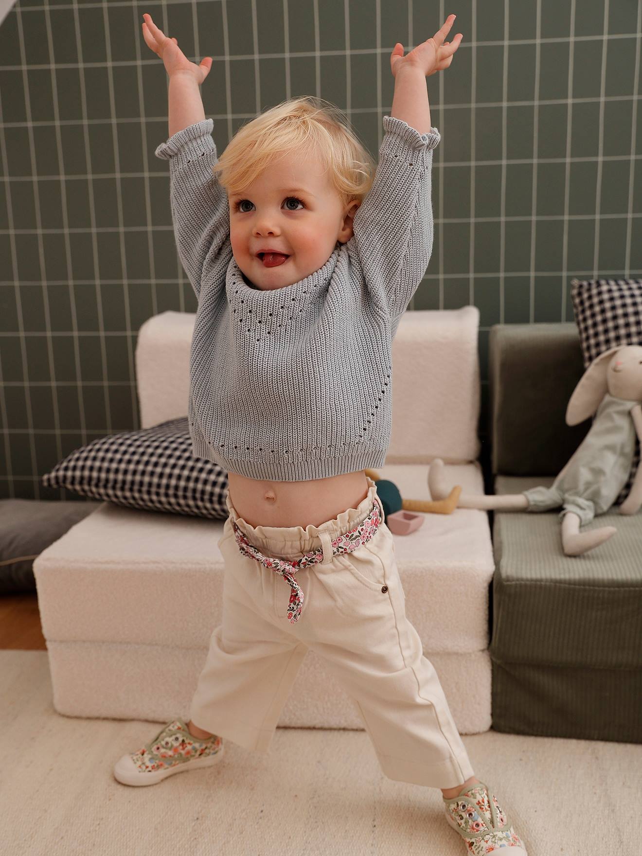 Vertbaudet Baby Paperbag-Hose mit Stoffgürtel - wollweiß
