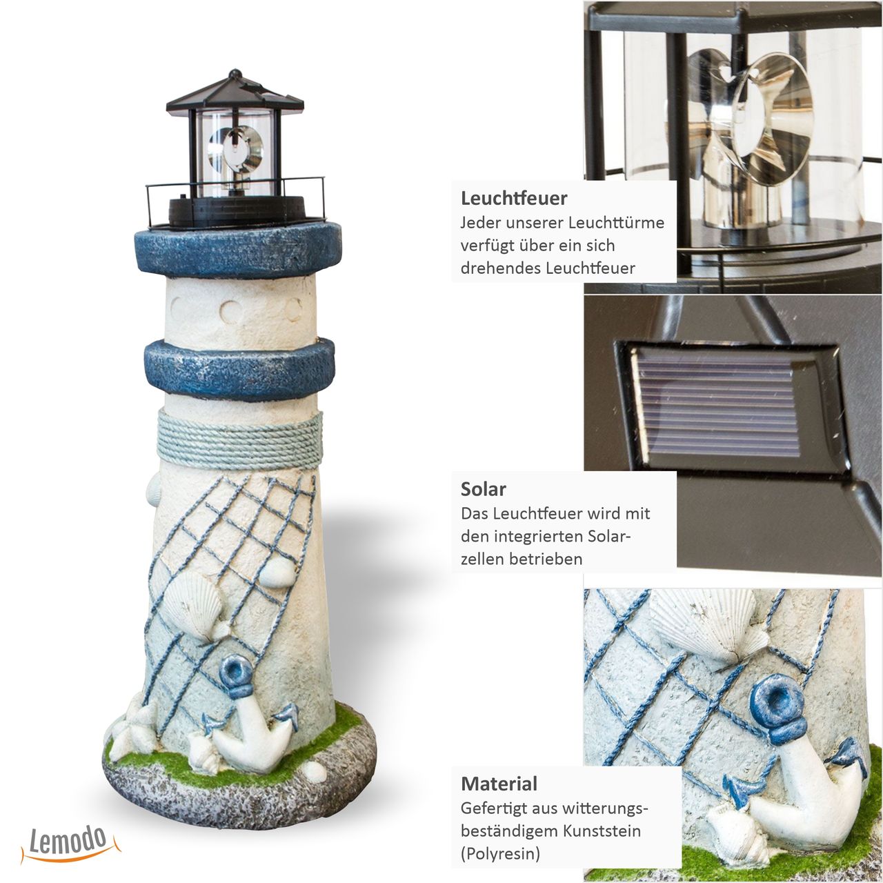 Lemodo Leuchtturm MARITIM mit Solar-Rundum-Leuchte in blau