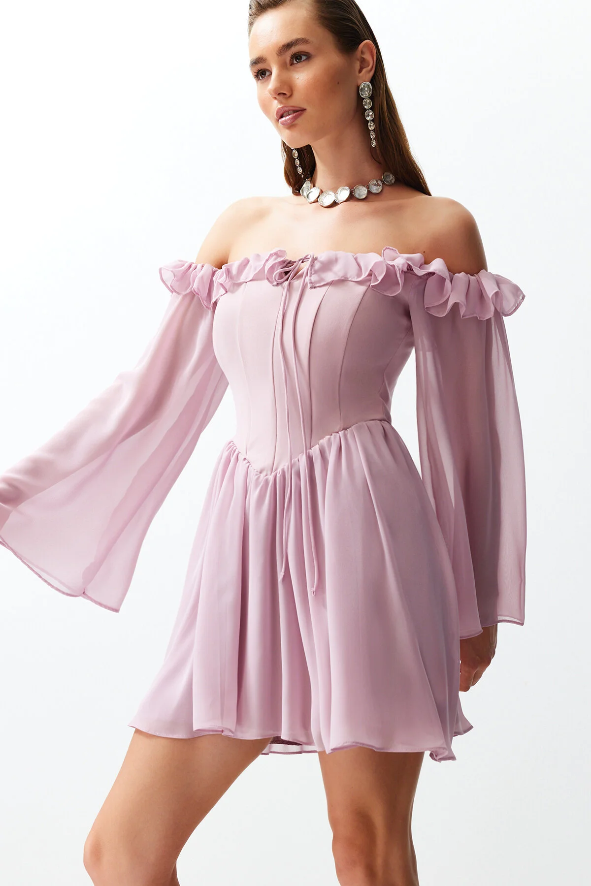 Trendyol Collection  Dusty Rose Taillenöffnung/Skater-gefüttertes Volant-Chiffon-Elegantes Abendkleid TPRSS23EL00096