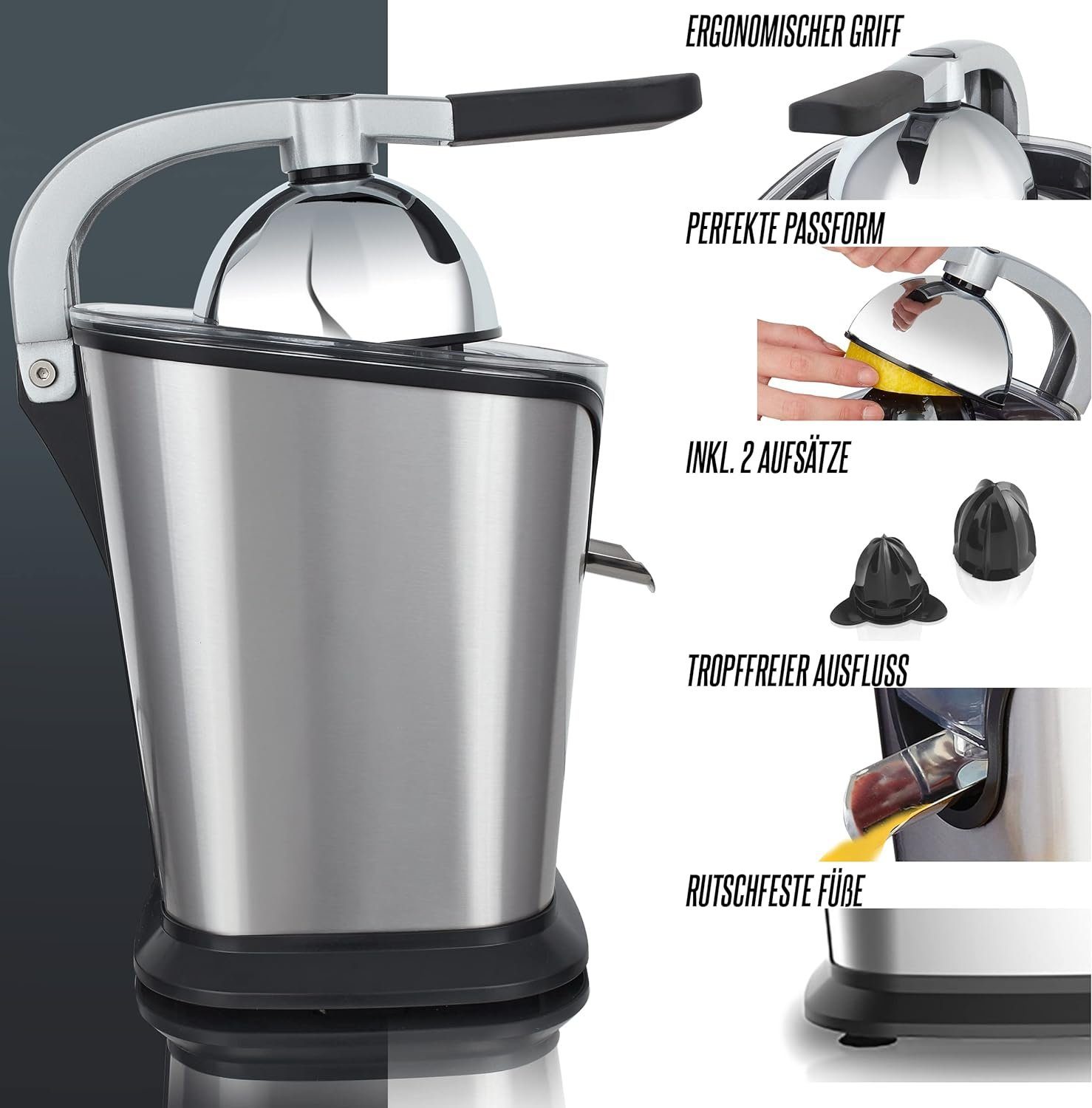 Heinrich´s Zitruspresse HZP 8692, 100,00 W, elektrischer Juicer inkl. Fließstopfunktion rostfrei