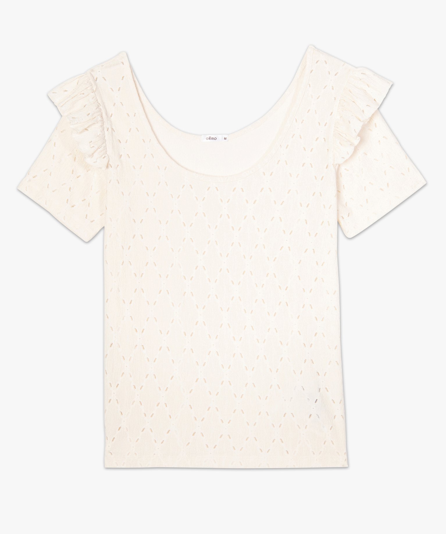 Tee-shirt femme en crêpe ajouré et volant blanc | GEMO