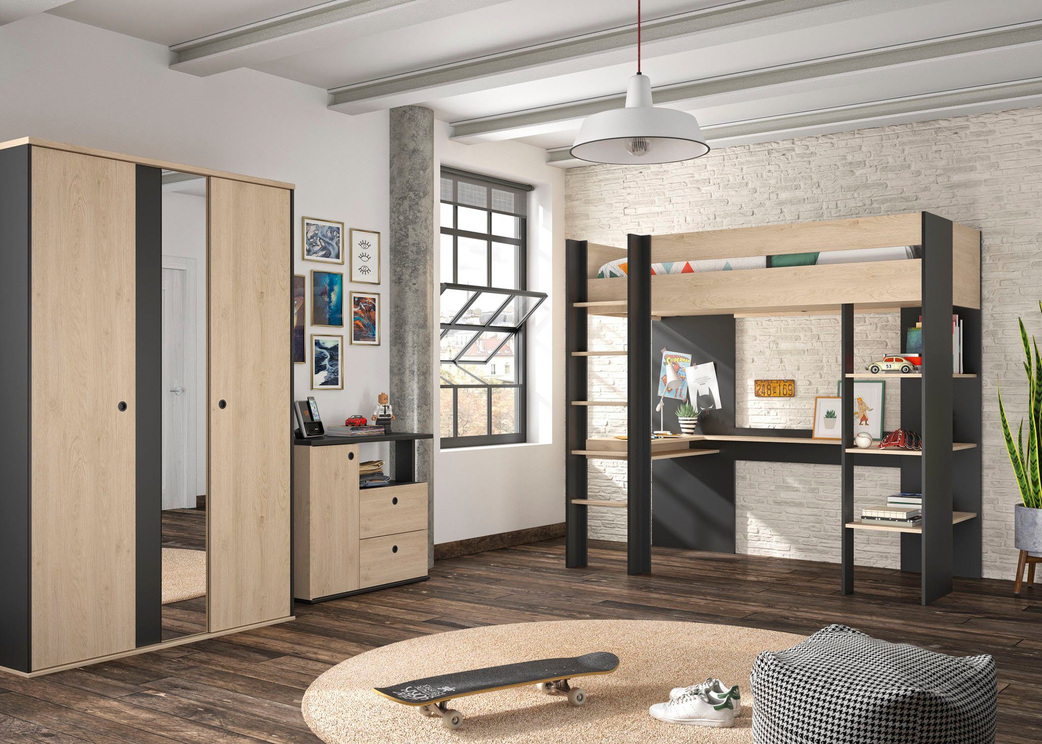 Gami Jugendzimmer-Set Duplex, (3-St., Kleiderschrank, Kommode, Hochbett)
