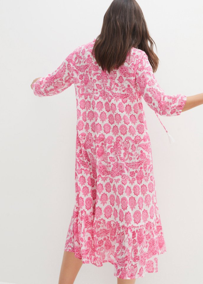 Crincle- Baumwollmidikleid mit Taschen und 3/4- Arm