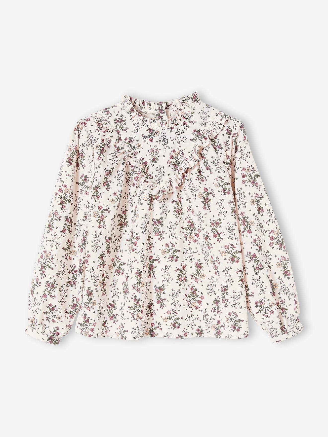 Vertbaudet Mädchen Bluse mit Volantkragen, Blumen - rosa bedruckt