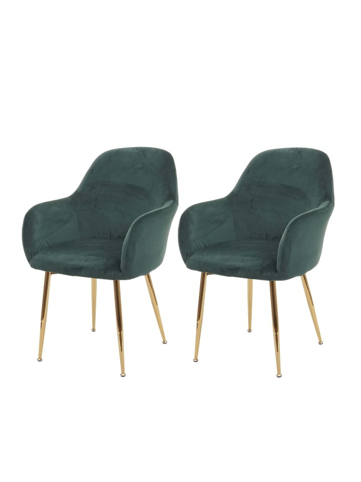 MCW 2er-Set Retro Esszimmerstuhl F18, Samt grün, goldene Beine günstig kaufen onesize