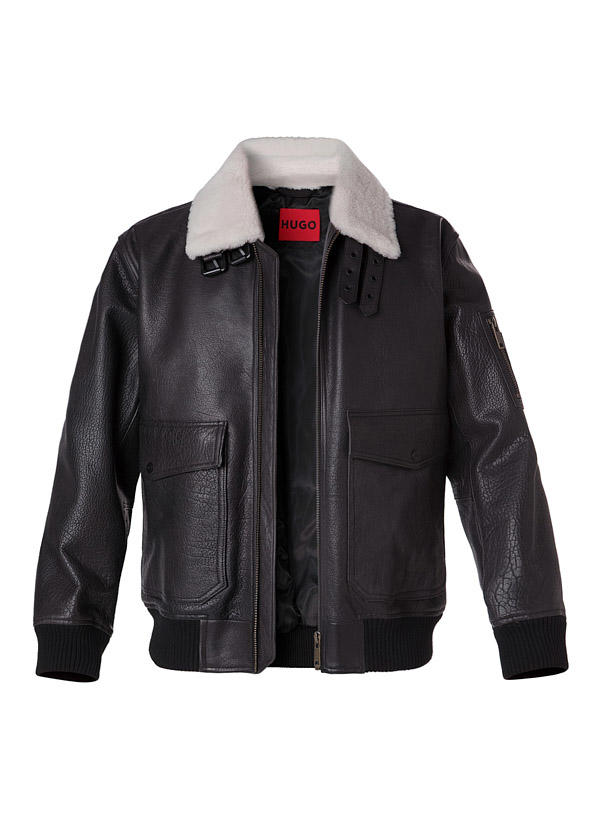 HUGO, Lederjacke Loran, Büffelleder Lammfell, schwarz