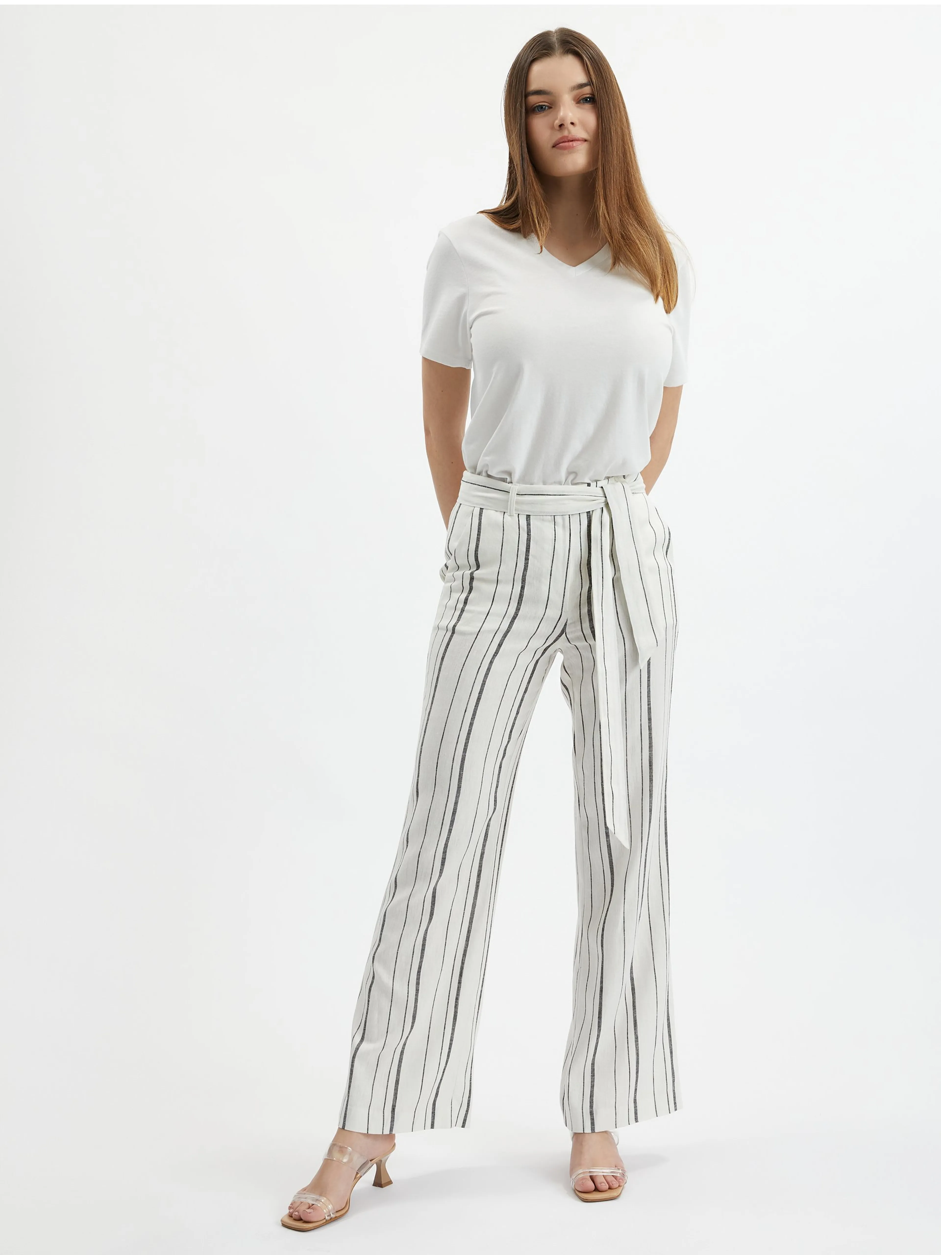 Weiße gestreifte Damen-Leinenhose ORSAY