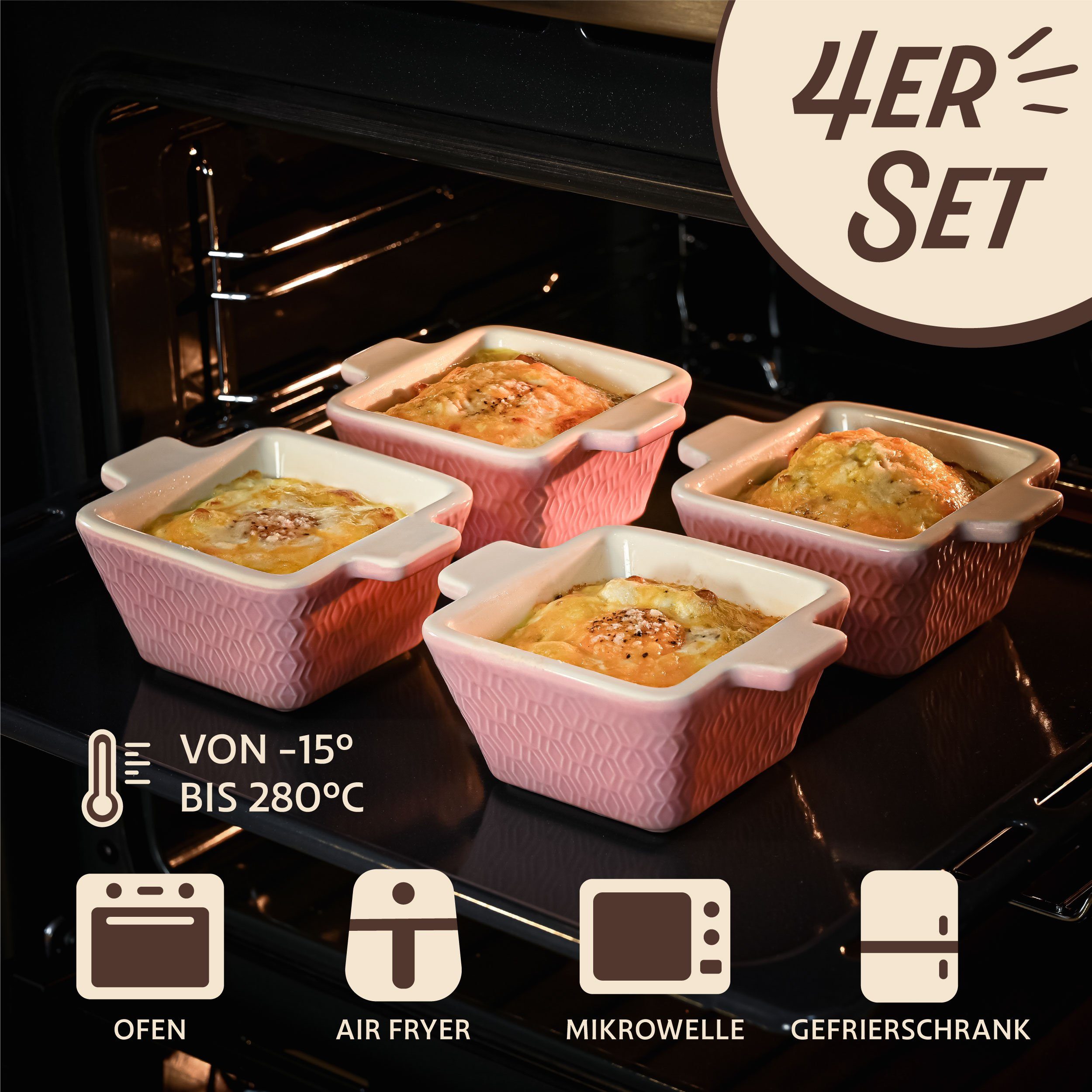 Praknu Auflaufform Klein Mini Auflaufform 1 Person - Stapelbar - Kratz und Schnittfest, Porzellan - Keramik, (4-St), Für Ofen & Airfryer geeignet - Backofenfest - Spülmaschinengeeignet