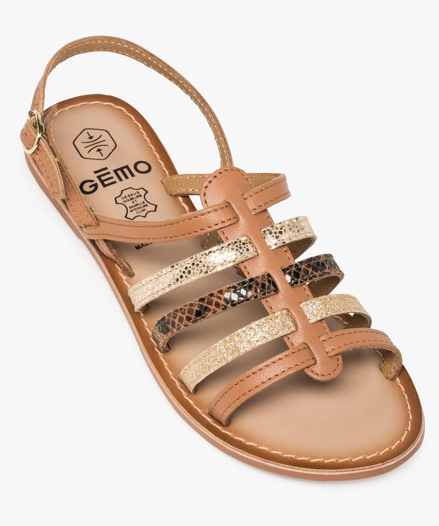 Sandales femme à talon plat et brides multiples en cuir camel | GEMO